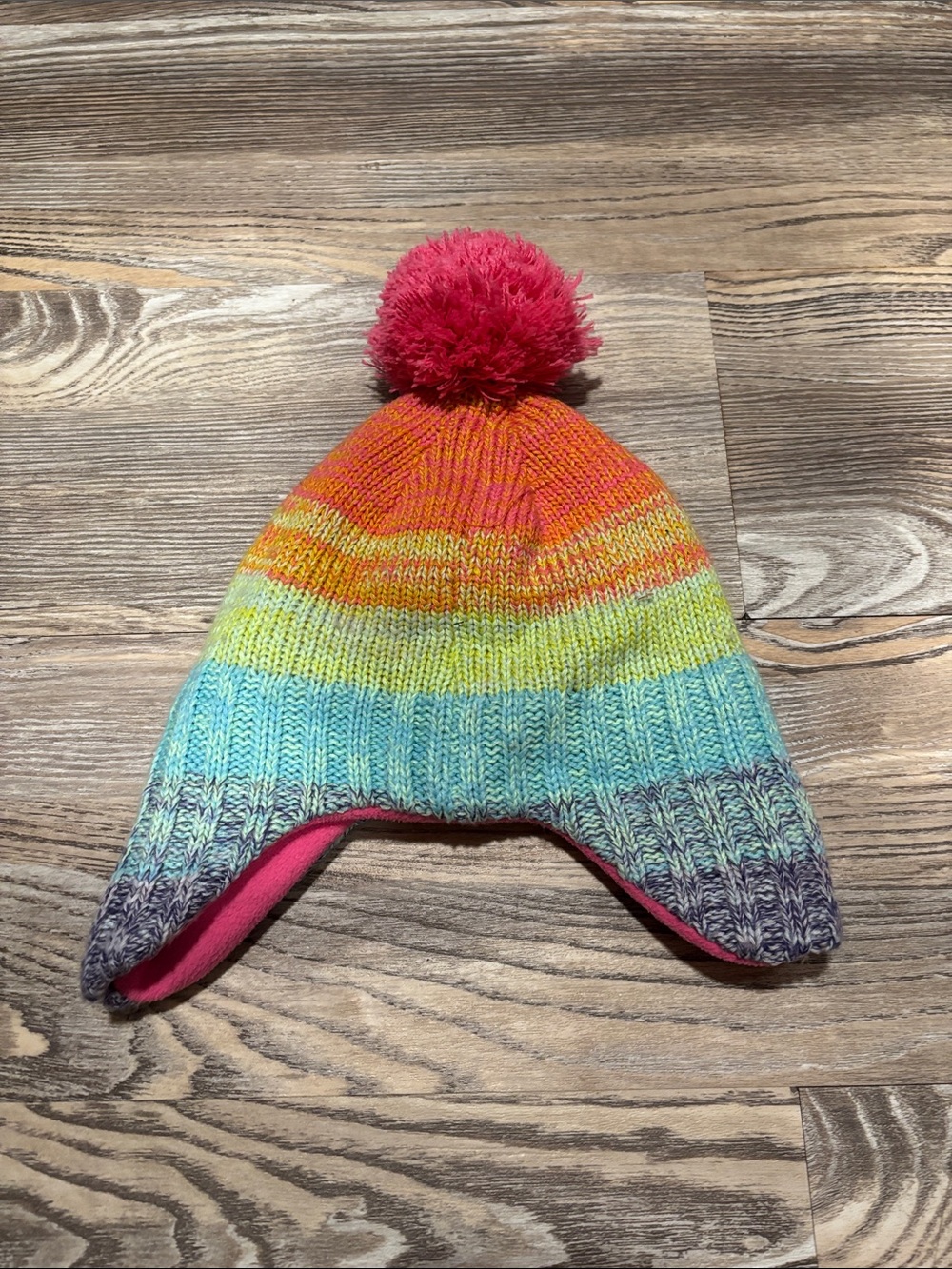 wonder nation Rainbow Knit Earflap Hat with Pink Pom